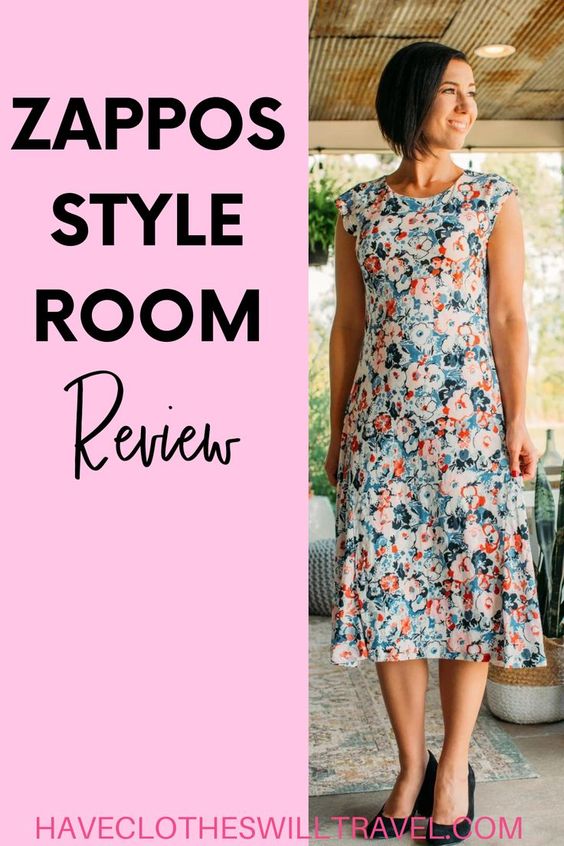 A woman poses wearing a colorful floral print dress by Ralph Lauren. Text on the right side of the image reads "Zappos Style Room Reviews" on a pink background.