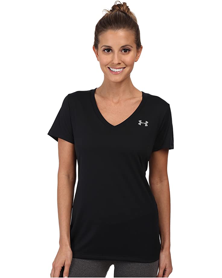 A model wears a black short-sleeved Under Armour t-shirt.