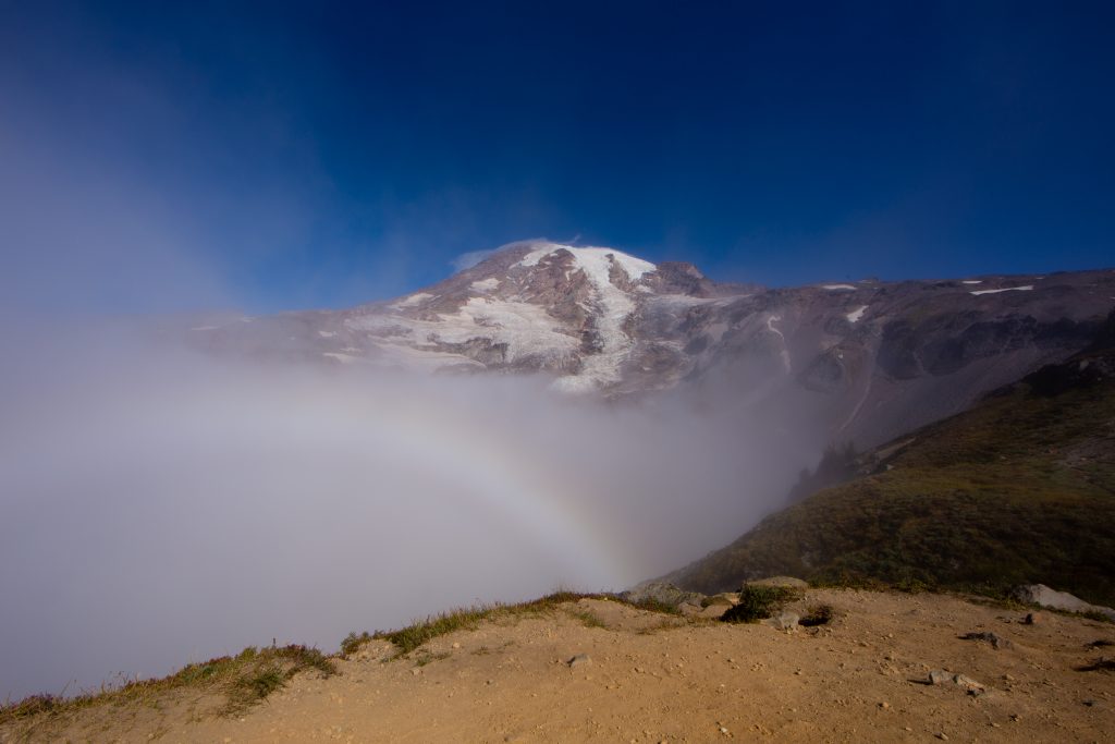 the Skyline Trail in Paradise with a view of Mount Rainer, and the mist below the mountain is making a rainbow 