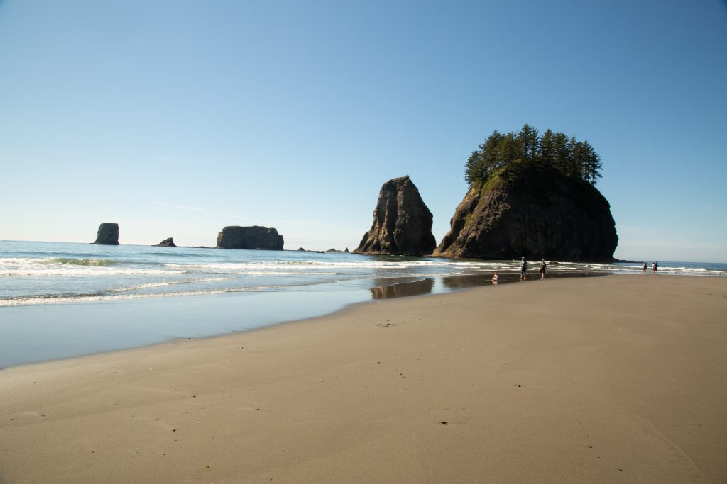 Second Beach in La Push featuring several rock formations and a perfectly smooth sand beach