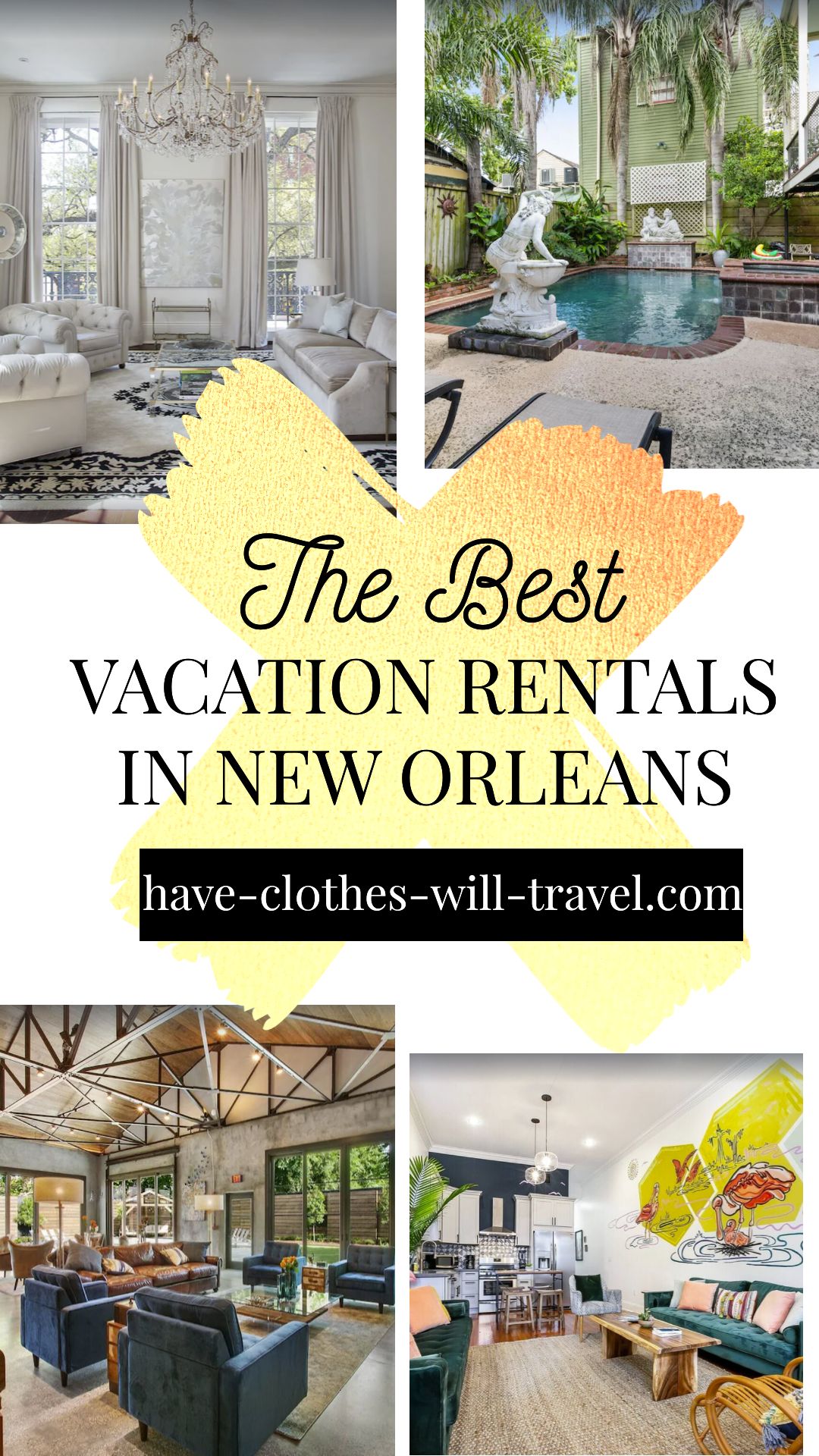 A collage of 4 images of New Orleans rental homes on VRBO. Text in the center of the image says "the best vacation rentals in New Orleans"