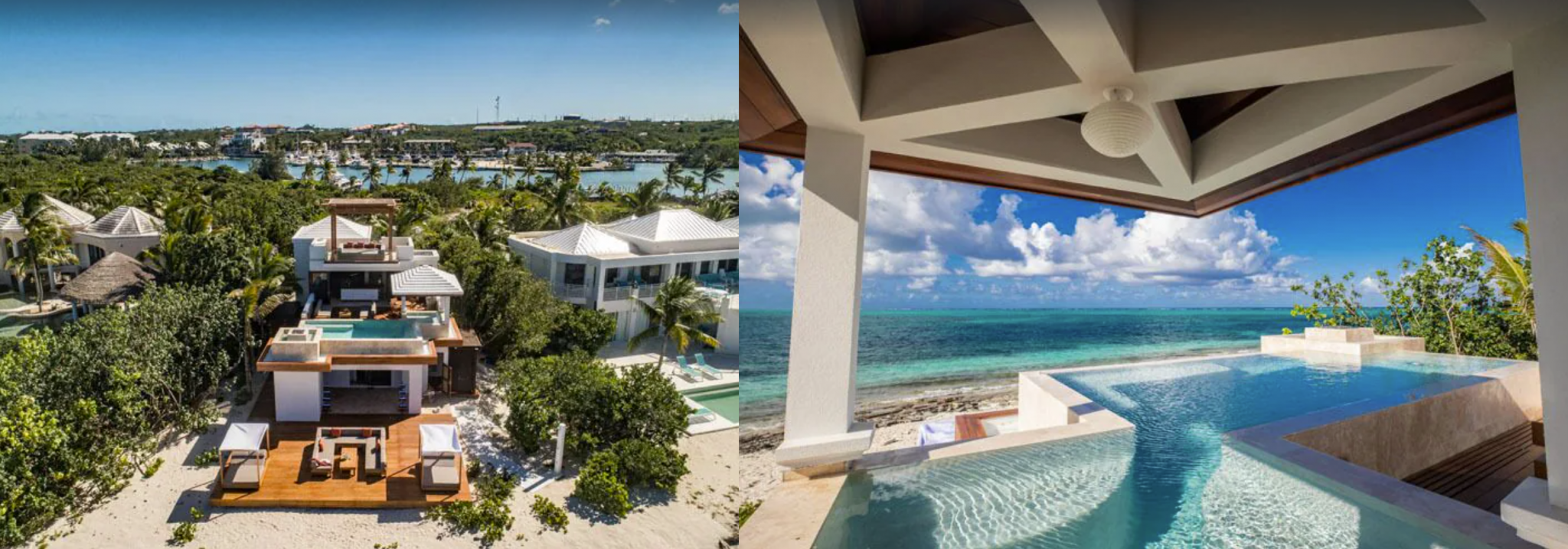 Two side-by-side images of a Turks and Caicos villa. The image on the left is an aerial landscape view, showing the full villa property and surrounding area. The image on the left shows the view from inside the villa's infinity pool, looking out over the ocean.