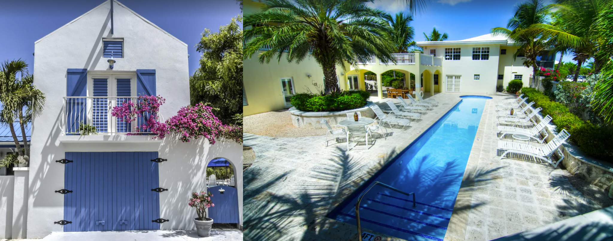 Two side by side images of a small luxury vacation rental in Turks and Caicos. On the left is the front facade of the home, featuring a blue barn door entrance and window shades. On the right is the pool area, surrounded by lounge chairs.