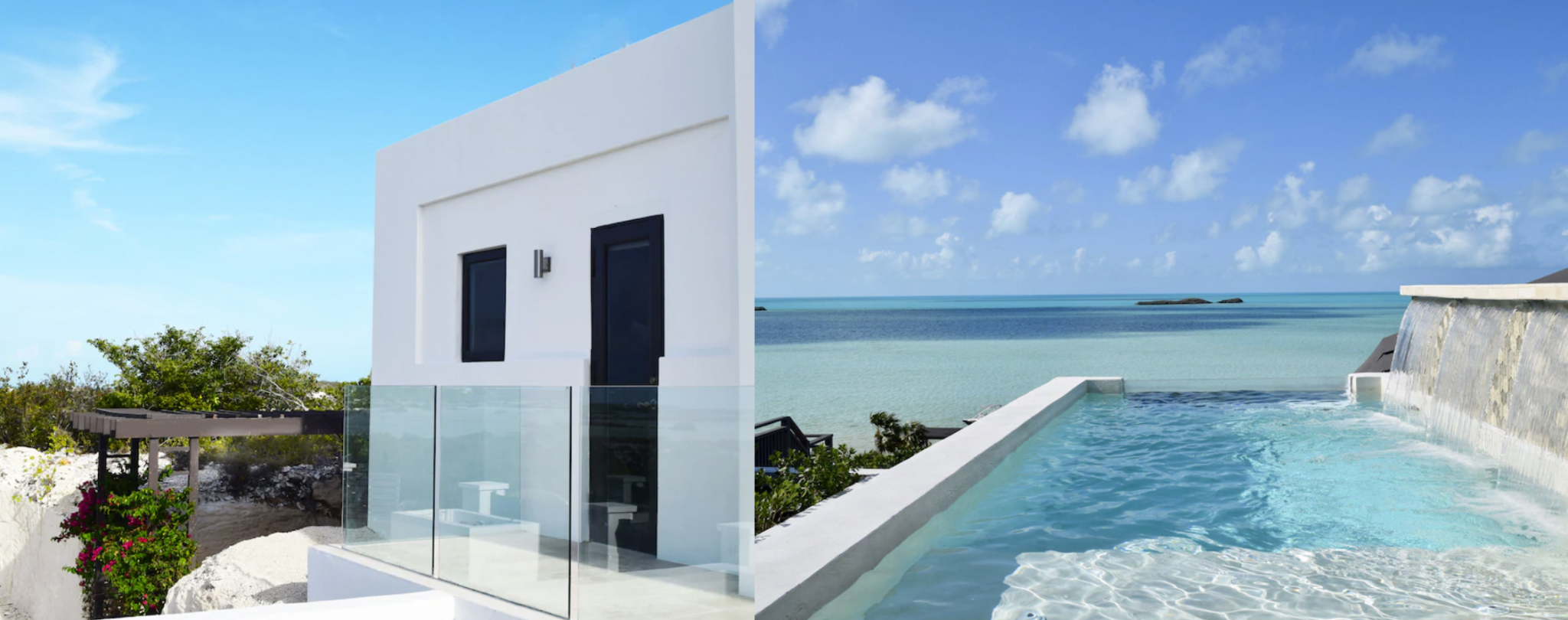 Side by side images show a small Turks and Caicos rental villa. The image on the left shows a small outdoor bedroom balcony, and the image on the right shows the ocean view from the private infinity pool.