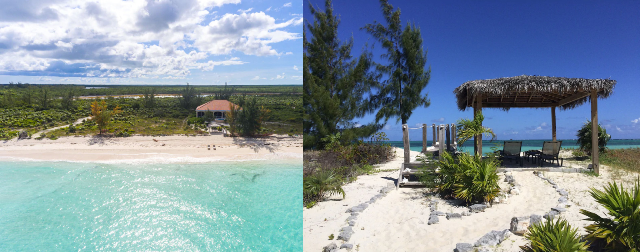 Side by side images of a private Turks and Caicos villa rental. The right side image is an aerial view of the villa from over the ocean, showing the secluded villa and outdoor spaces. The left-side image shows the private beach-front cabana overlooking the ocean.