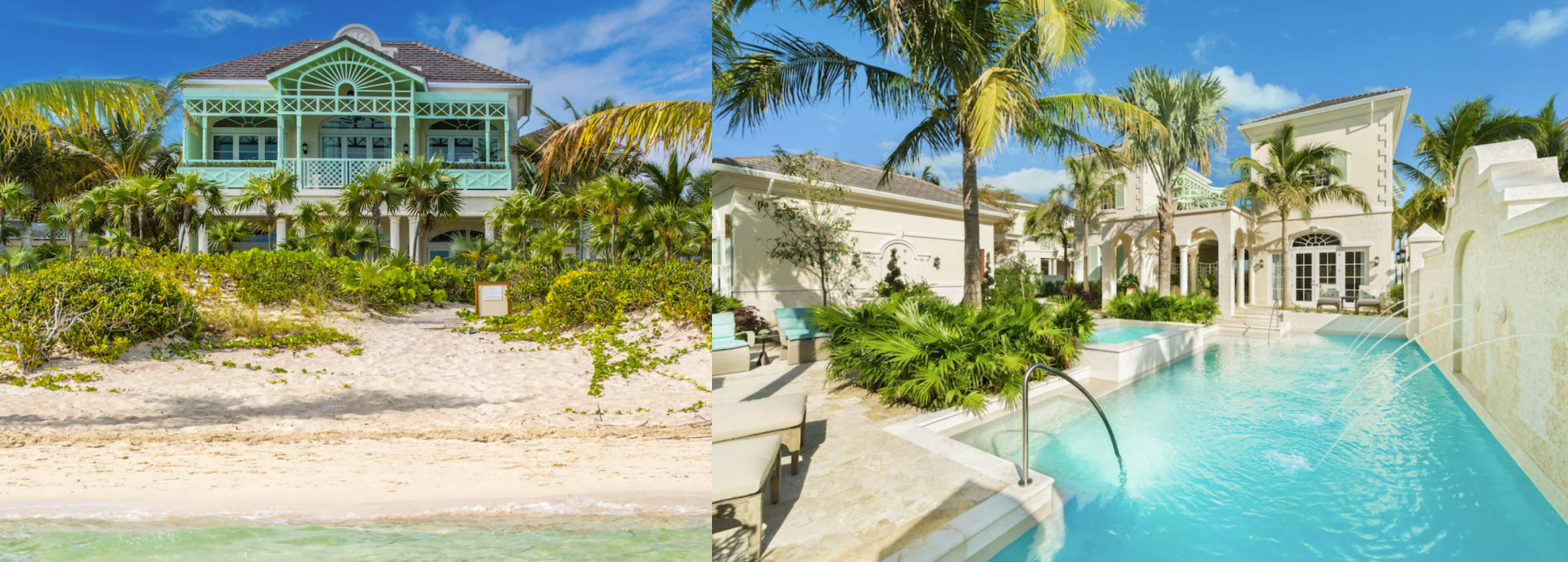 Two images side-by-side show a Turks and Caicos villa for rent. The image of the left is the view of the villa from the shoreline; the house is shaded by tropical trees. The second image shows the luxurious private pool inside the villa.
