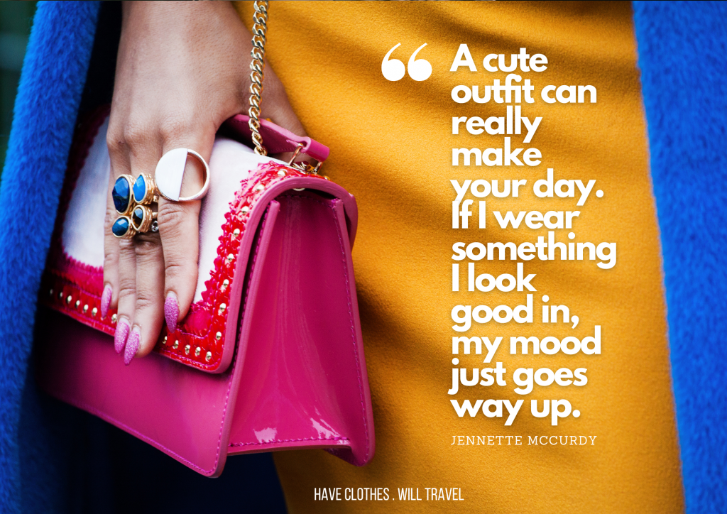 A close up image of a woman shows her holding a pink leather purse. She's wearing a yellow dress, blue coat, and rings on her fingers. White text over the image says, "A cute outfit can really make your day. If I wear something I look good in, my mood just goes way up. - Jennette McCurdy"