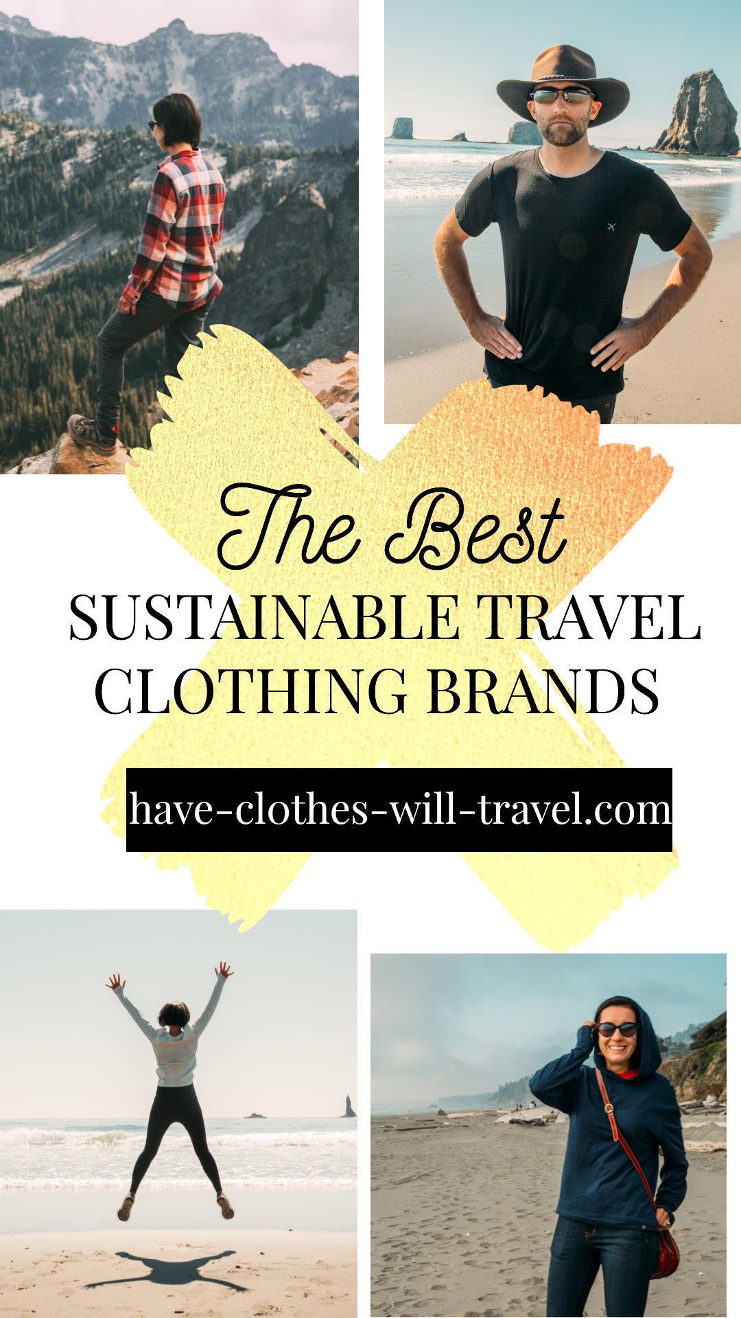 A collage of four images of a man and woman on their travels, modeling their sustainably-made outfits. Text in the center of the graphic says, "the best sustainable travel clothing brands"