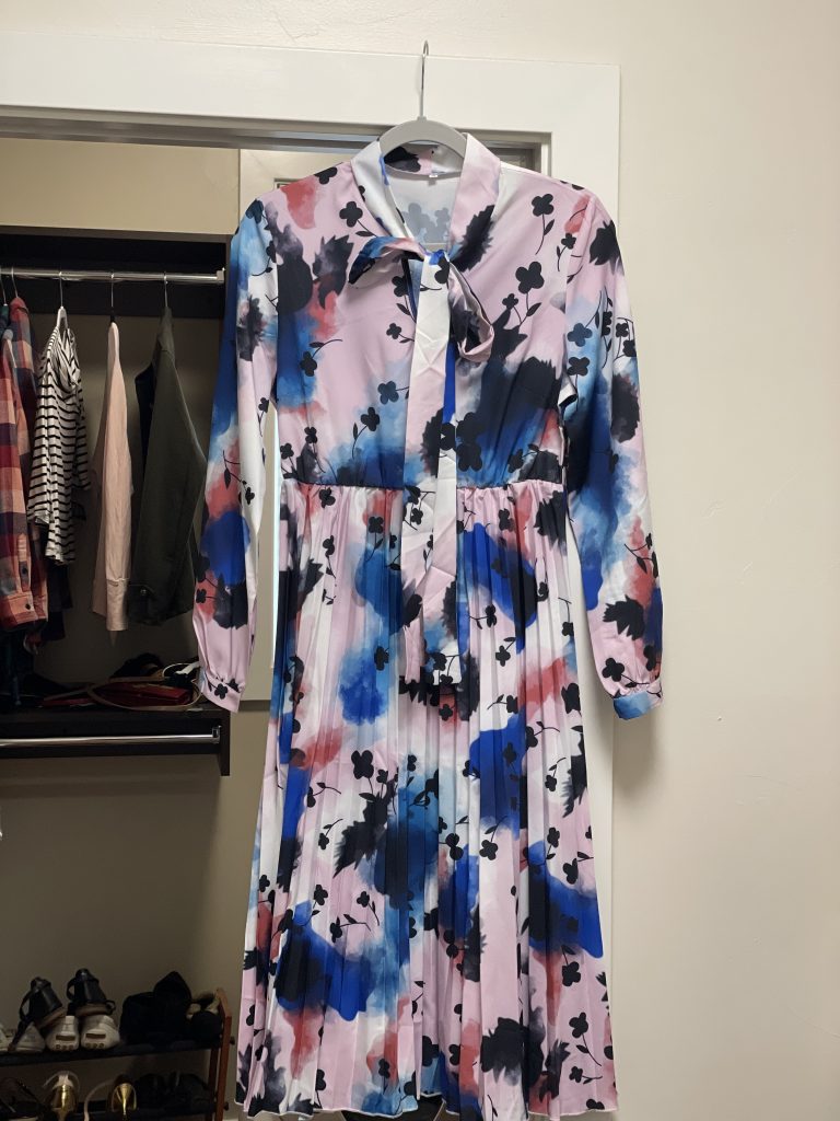 Blue Pink Elegant Print Split Joint Fold O Neck A-Line Dress