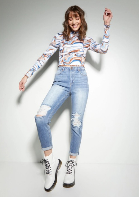 Medium Wash High Rise Blown Knee Mom Jeans