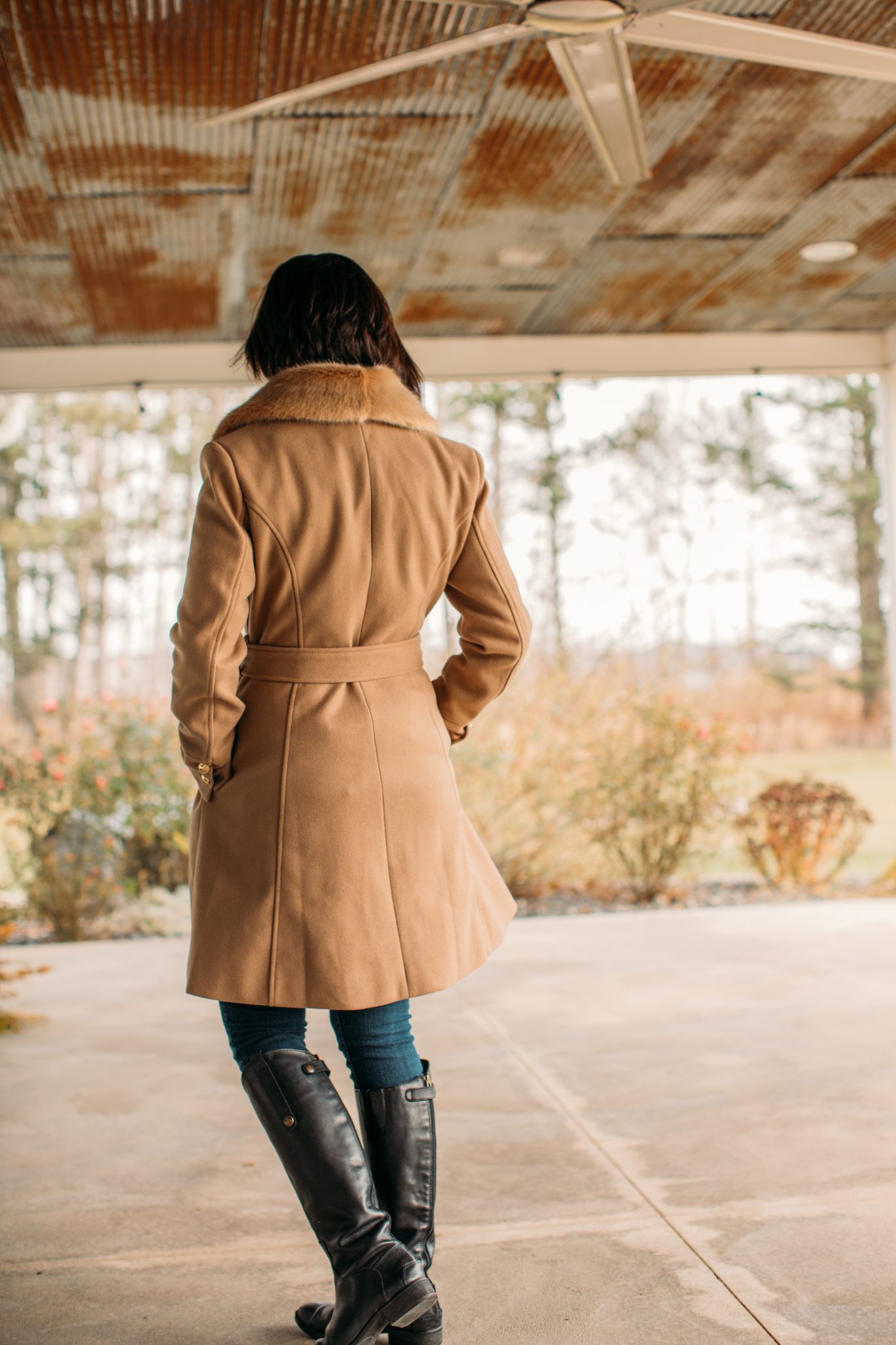 Faux Fur Collar Belted Flare Coat in Taupe