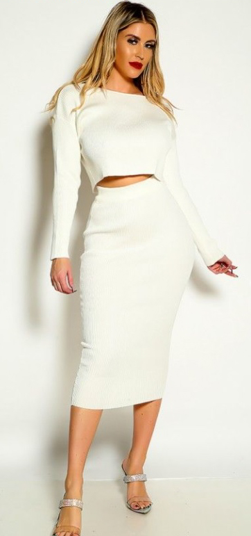 White Long sleeve Ribbed Two Piece Dress