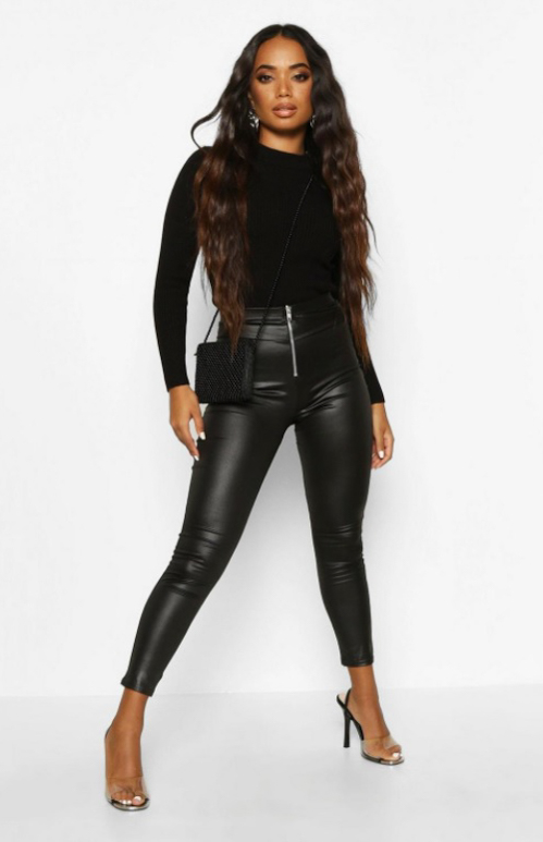 Petite Zip Up Wet Look Leggings