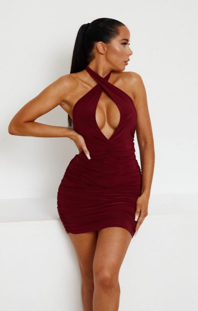 Wine Slinky Ruched Halter Neck Bodycon Mini Dress - Lundy