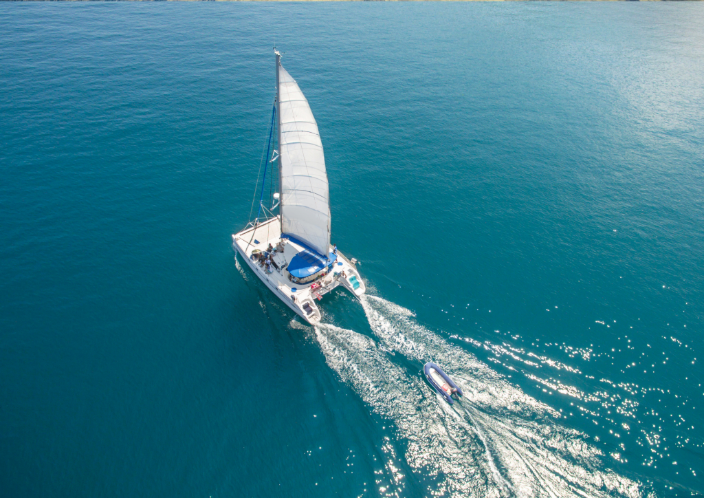 Aerial view of a Catamaran sailboat in the ocean.