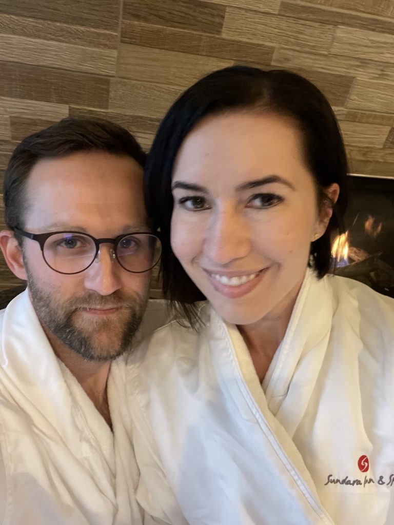 My husband & I in our robes - you wear them the whole time you're at Sundara!