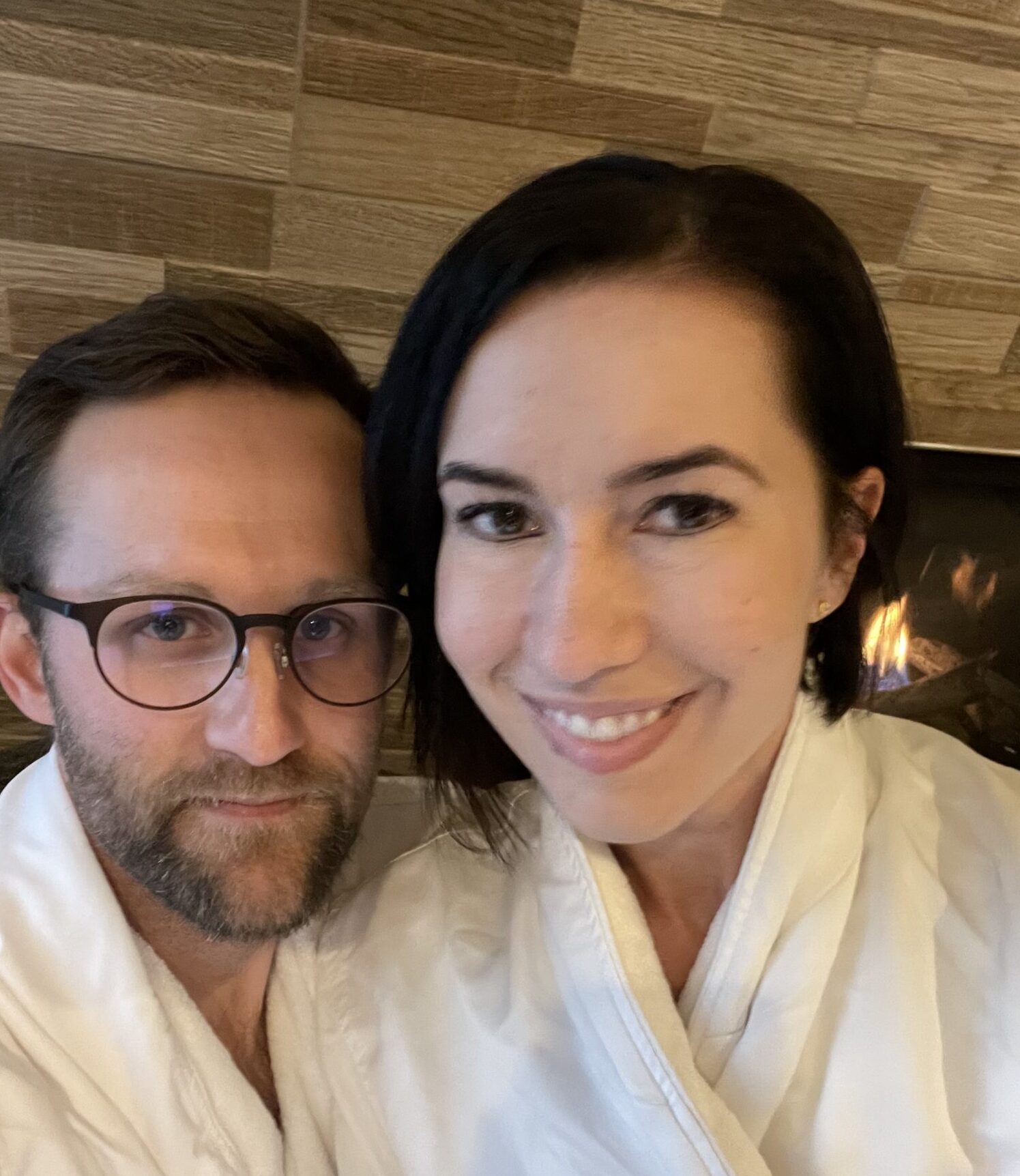 My husband & I in our robes - you wear them the whole time you're at Sundara!