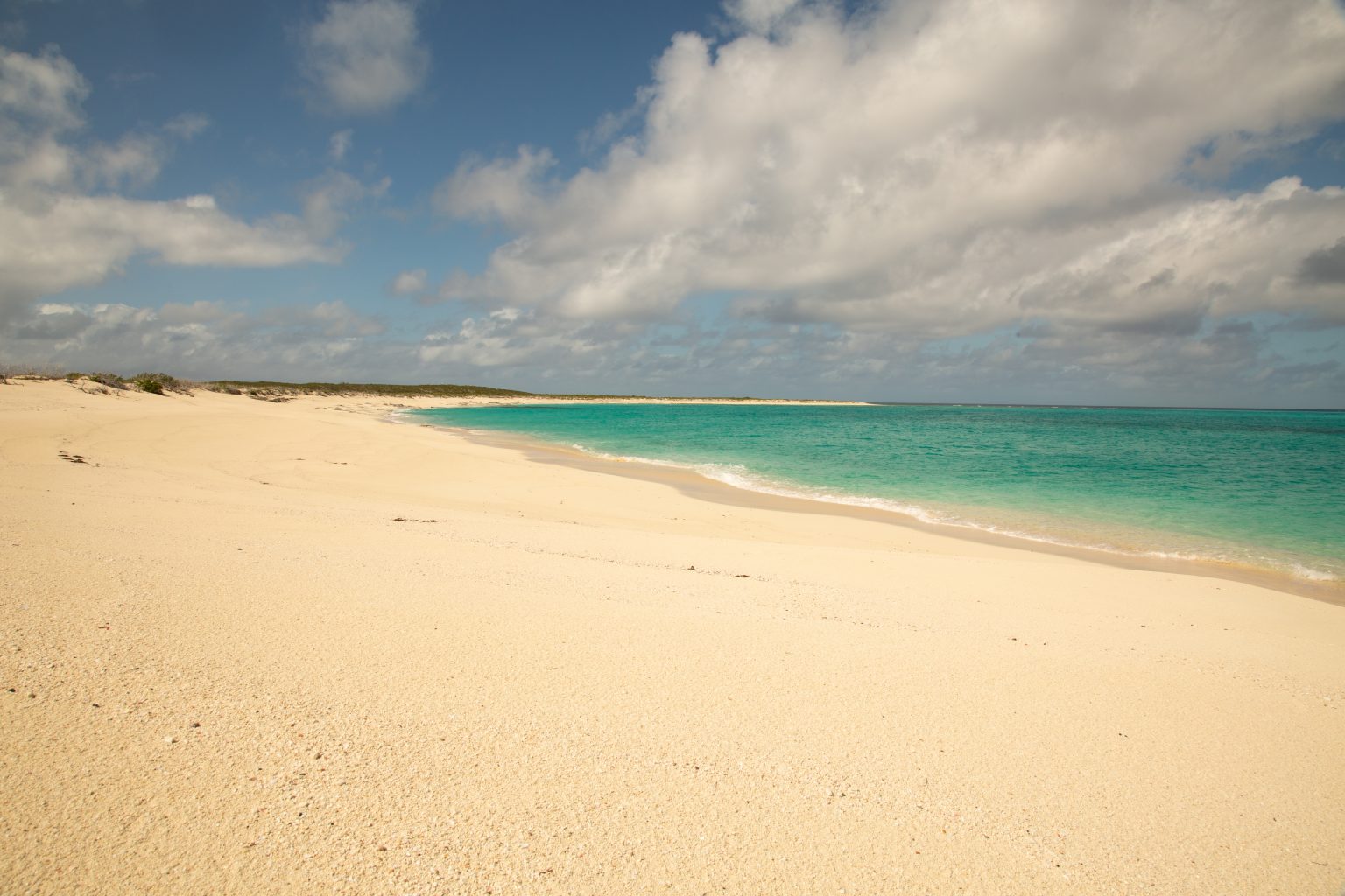 A pristine white sand beach with blue green water and clear skies on Salt Cay