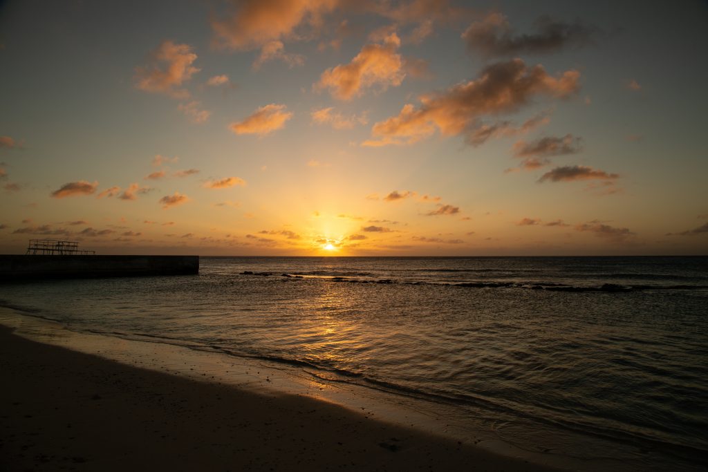 Beautiful sunset on Salt Cay , blue sky in the background.