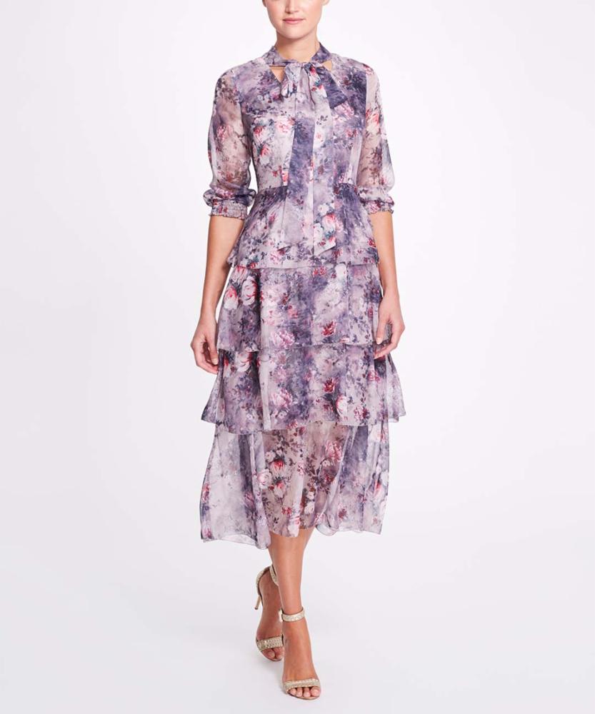 Floral Printed Chiffon dress in Mauve by Marchesa