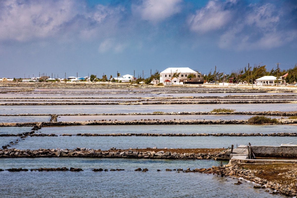 Salt Cay, Turks and Caicos - May 14, 2019: Salt pans on the remote and mostly deserted Salt Cay in the Turks and Caicos Islands.