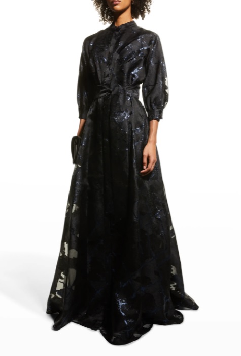 RICKIE FREEMAN FOR TERI JON Jacquard Mandarin-Collar Shirt Gown