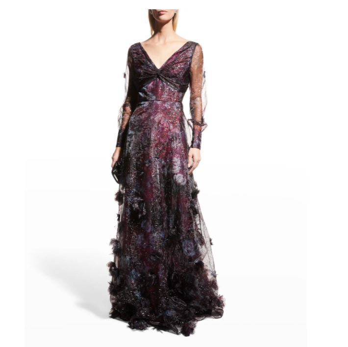 MARCHESA NOTTE Foiled Printed Organza Gown w/ 3D Flowers