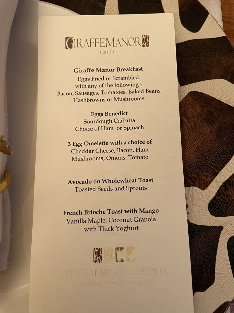 The Giraffe Manor breakfast menu.