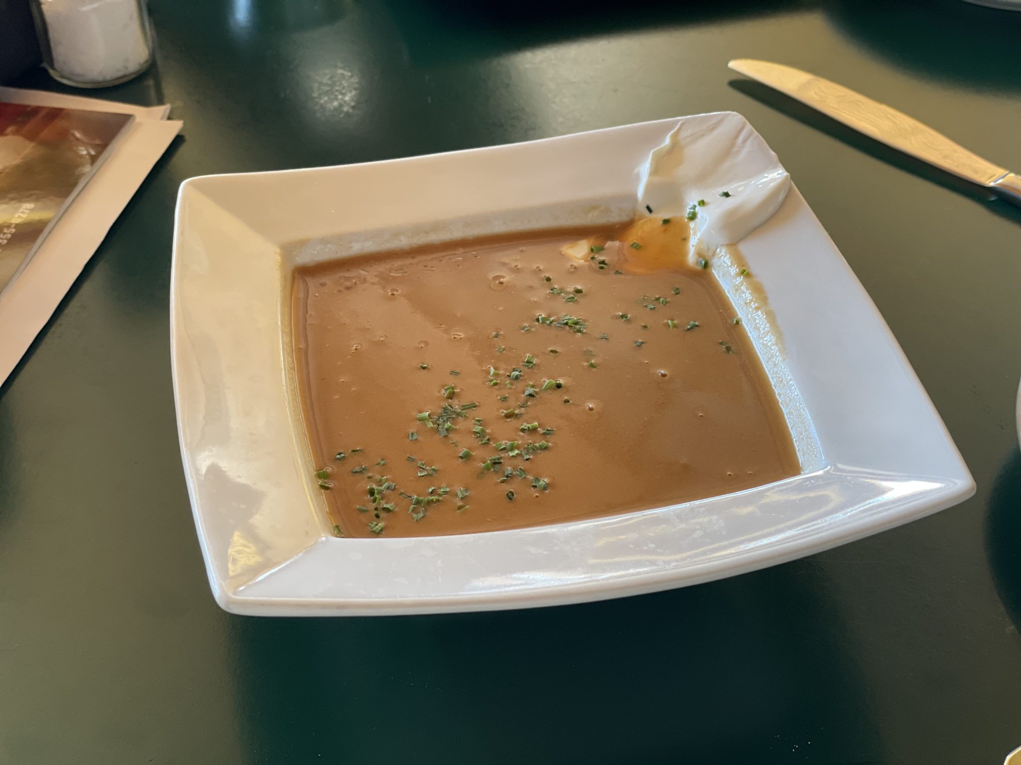 A square bowl full of soup served at Lake Street Cafe in Elkhart Lake.