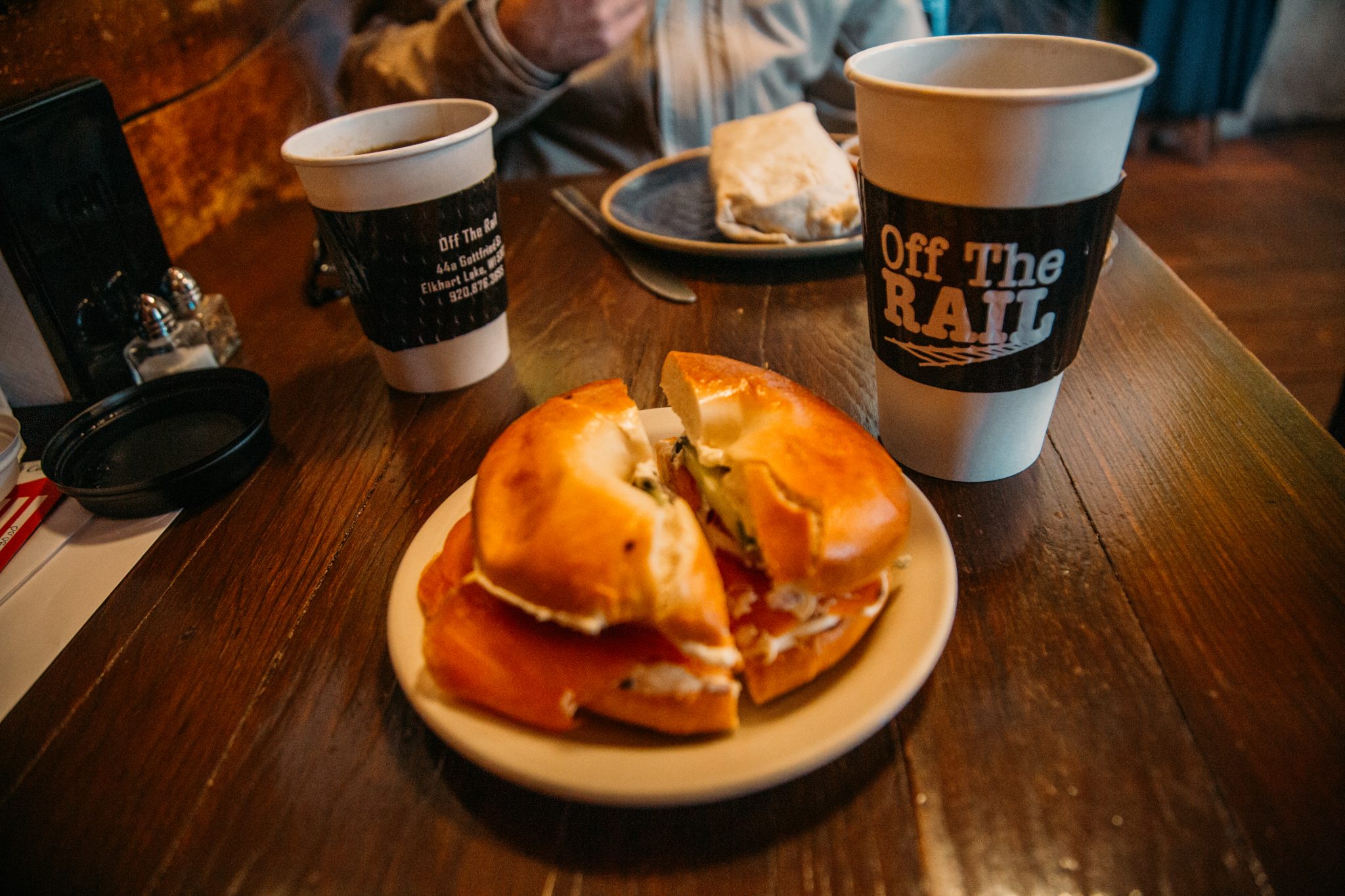 A delicious bagel sandwich and coffee served at Off The Rail cafe in Elkhart Lake.