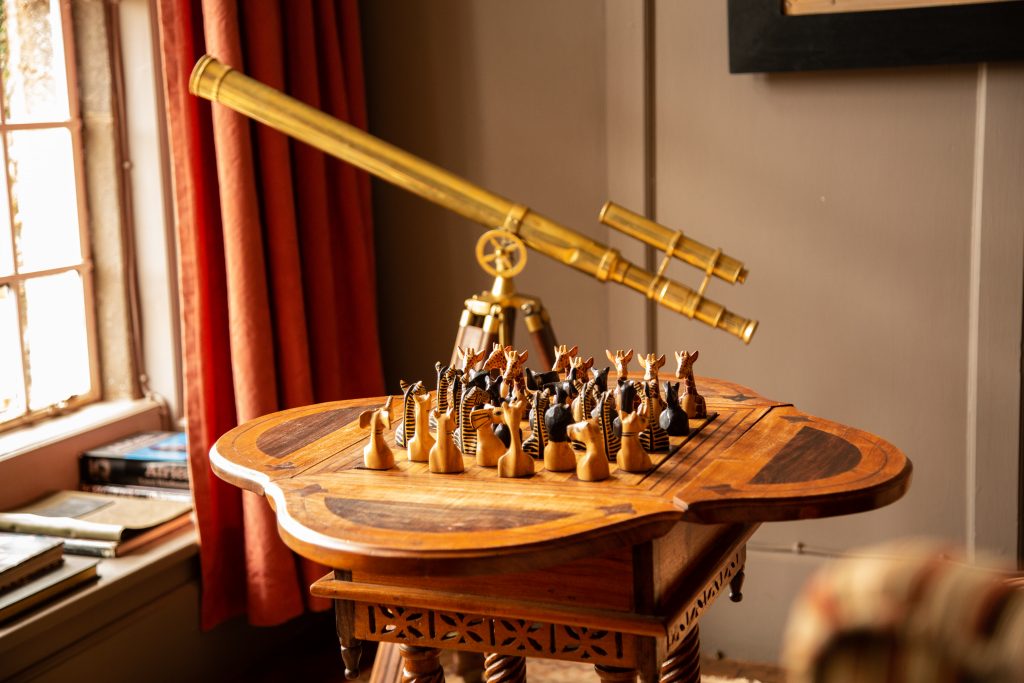 A cute chess set inside Giraffe Manor