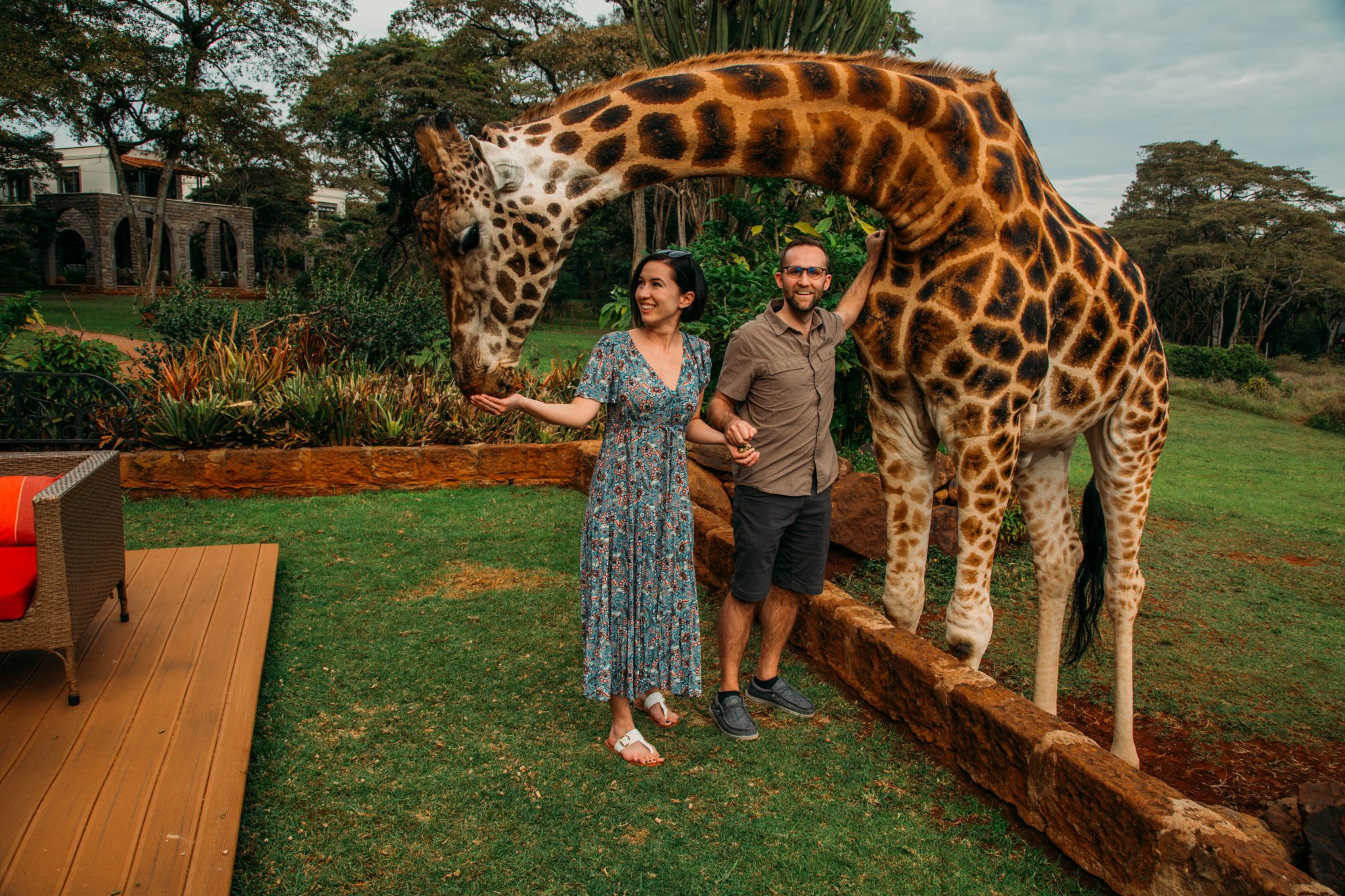 A man and woman standing next to a giraffe.
