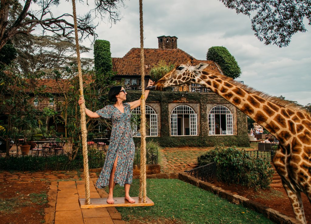 A woman stands on a large tree swing, almost eye level with a giraffe at Giraffe Manor. In the background is a countryside bead and breakfast covered in vines of moss and trees.