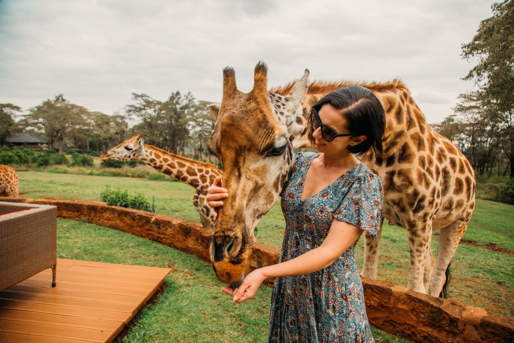 A woman feeds a giraffe from over her shoulder. The woman is wearing a green floral dress and sunglasses, and the giraffe stands in a grassy field.