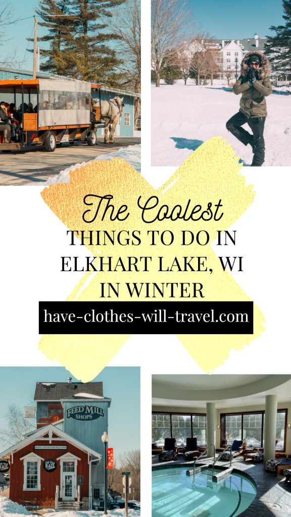 A collage of four images each showing a different thing to do in Elkhart Lake, Wisconsin. Text across the front of the image reads "The Coolest Things to Do In Elkhart Lake, WI in Winter"