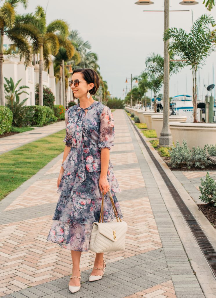 Floral Printed Chiffon Tiered Midi Dress by Marchesa Notte worn by Have Clothes, Will Travel