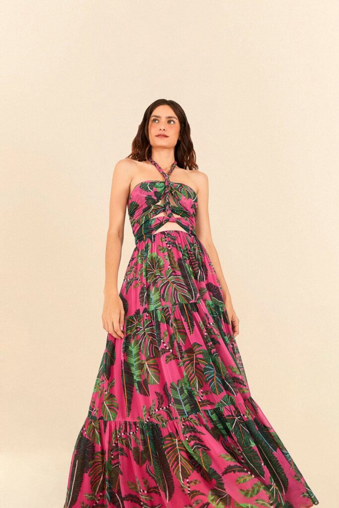 Pink Leaves Cut Out Maxi Dress