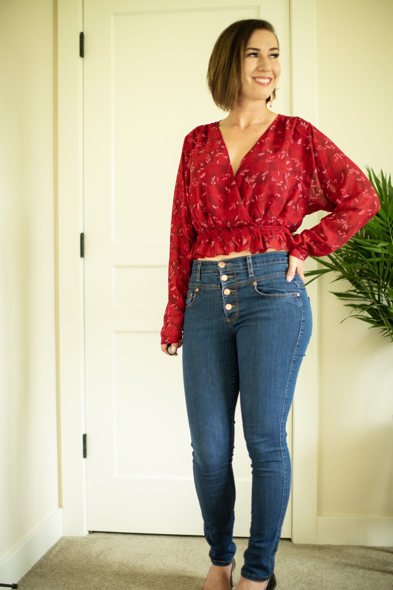 Floral Chiffon Wrap Cropped Blouse