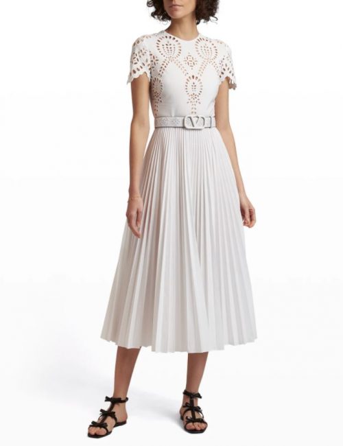 Neiman Marcus dress in white with pleated skirt and valentino belt