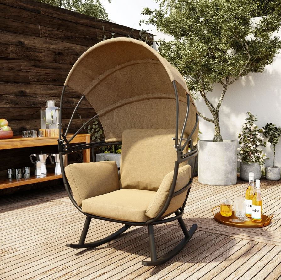 Pellebant Rocking Egg Chair with Folding Canopy, Aluminum Frame, Soft Cushions - 38.4" W x 33.8" D x 58.6" H - Black&Tan