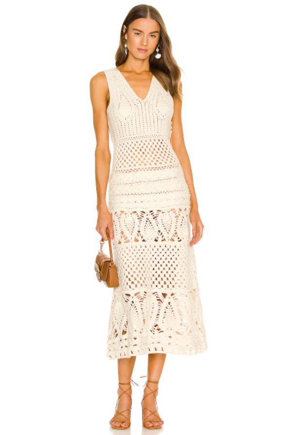 Revolve crochet summer dress with strappy tan sandals 