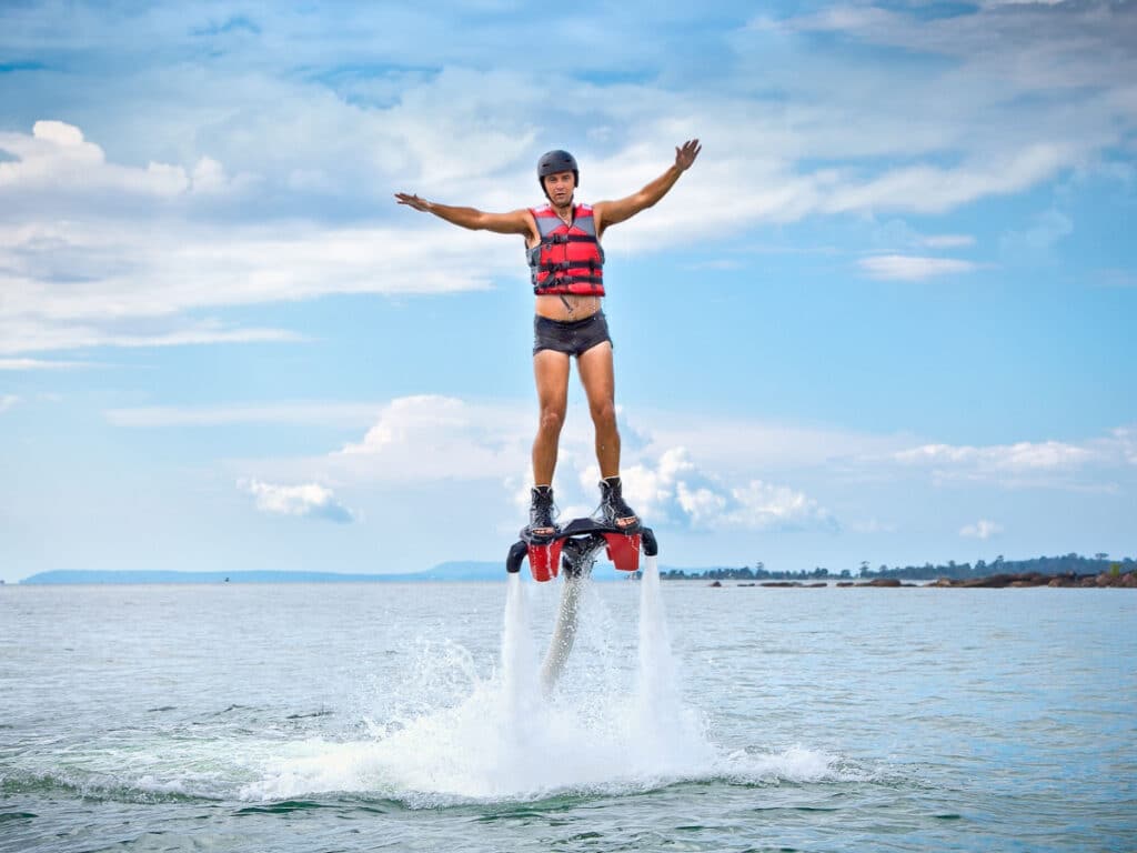The new spectacular extreme sport called flyboard, Cambodia.