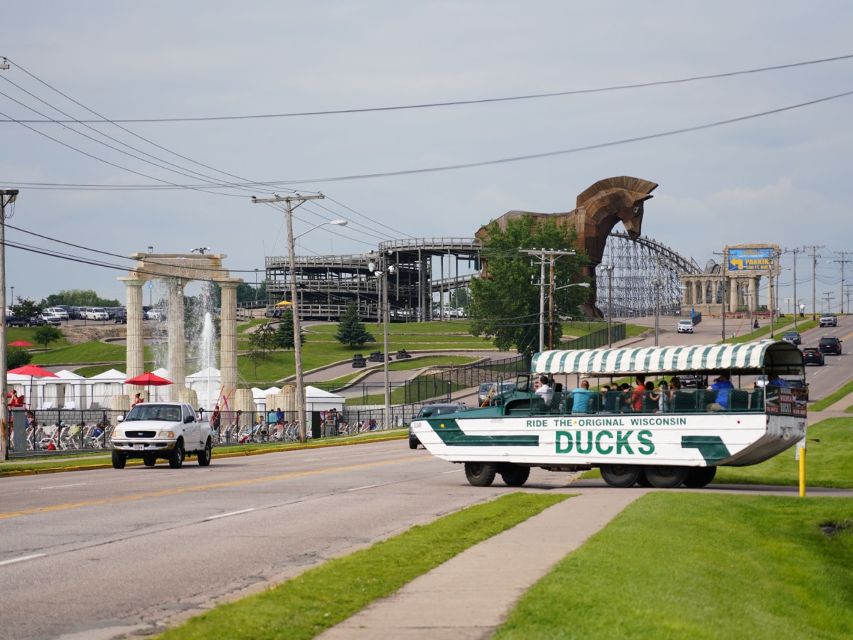 Wisconsin Dells, Wisconsin USA August 11th, 2019: Family members enjoying a ride on the Original Wisconsin Ducks 2.5-ton six-wheel amphibious truck ride.