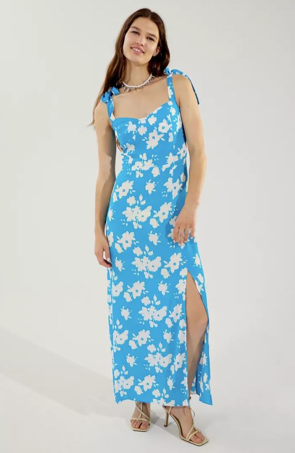 Urban Outfitters bright blue maxi dress with slit and white floral pattern 