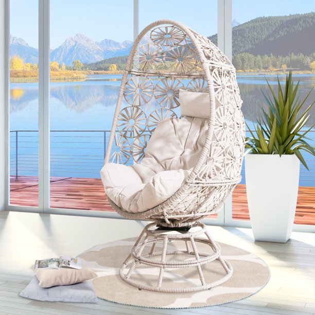 Ulax Furniture Indoor Outdoor Wicker 360 Degree Swivel Basket Egg Chair Papasan Chair with Cushion