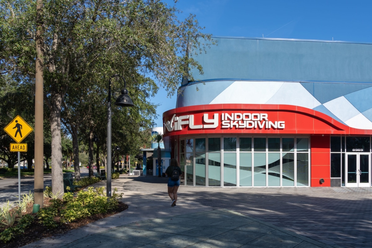 Orlando, FL, USA - January 6, 2022: An iFLY facility in Orlando, FL, USA. iFLY is the world leader in design, manufacturing, sales and operations of wind tunnel systems for indoor skydiving.