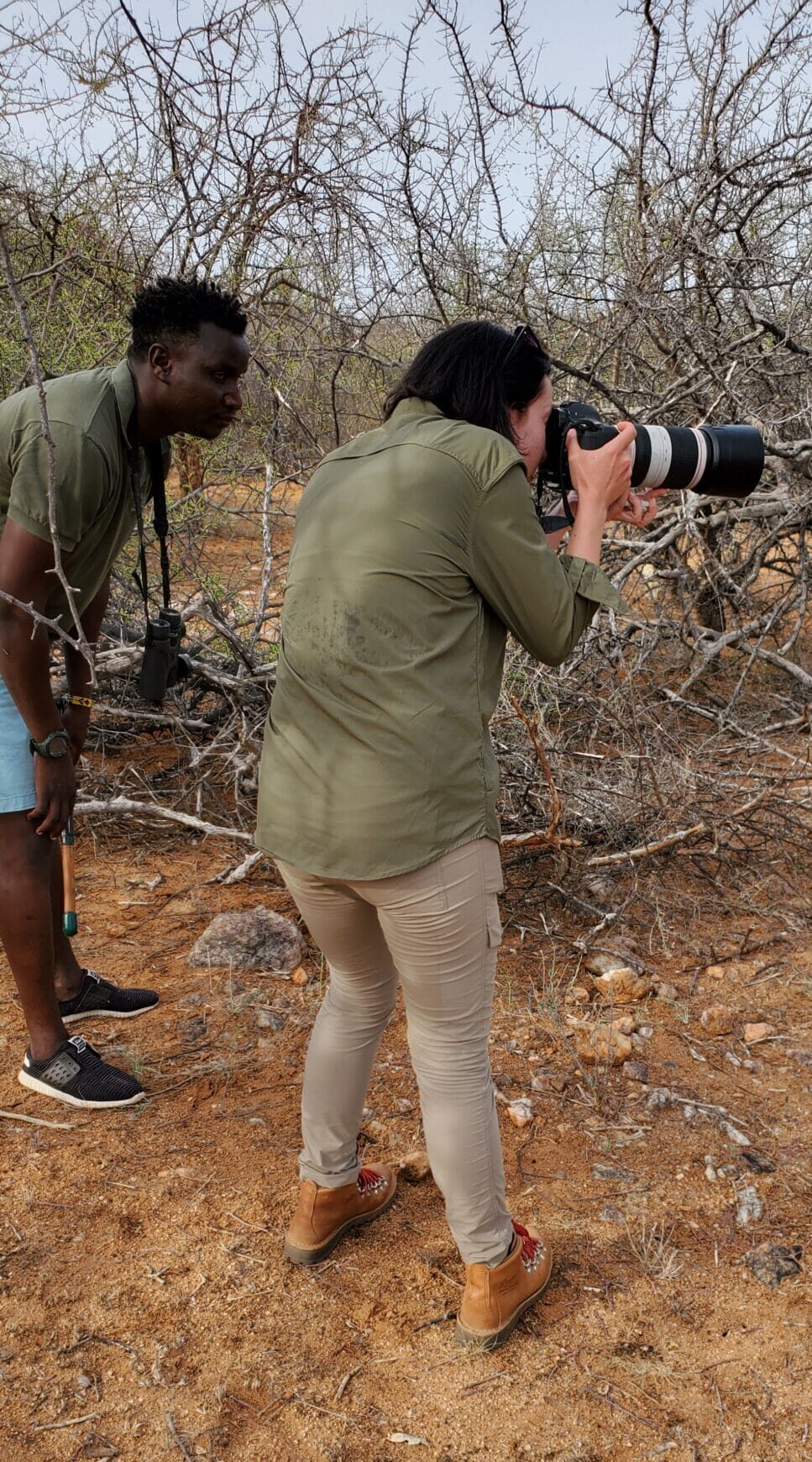 My rhino tracking outfit I wore all but one day featuring an army green button up shirt and khaki hiking pants