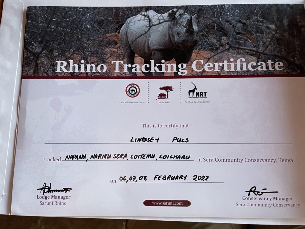 Rhino tracking certificate from Saruni Rhino