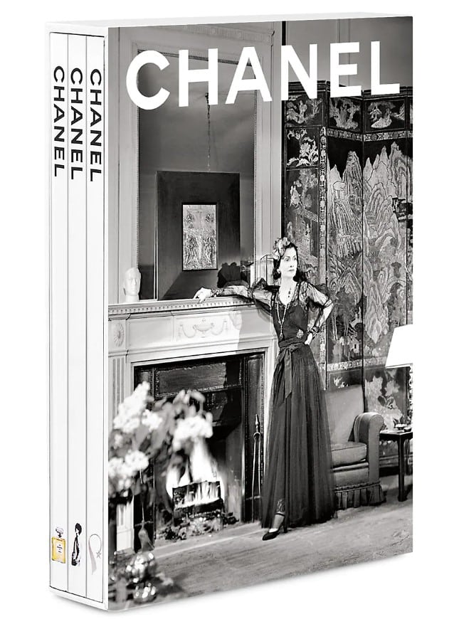 Hardcover fashion and designer book titled Chanel 3-Book Slipcase Set published by Assouline with Coco Chanel in black and white as a book cover design