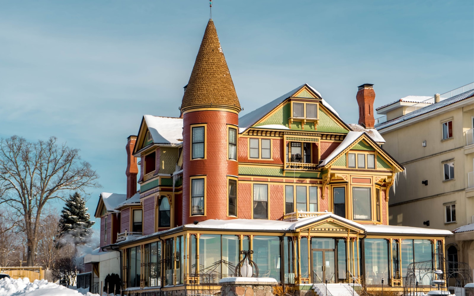 Winter picture of "Baker House" Restaurant with Snowy-covered roof , Lake Geneva WI , 01/27/2019